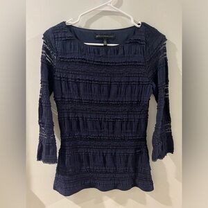 White House Black Market Navy Ruffle-Textured Scoop Neck Long Sleeve Top, small
